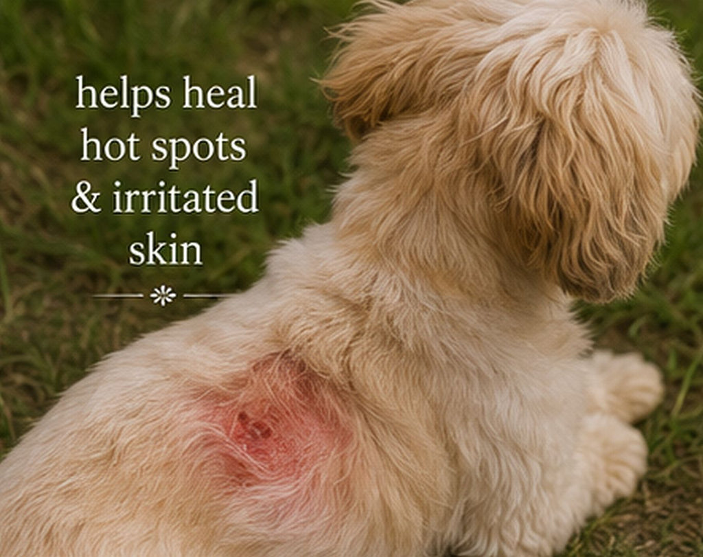 A small cream-colored dog sitting on grass with white text on the left that reads 'helps heal hot spots & irritated skin'. Reference Meadowlake Farm Wound Salve. The dog has a visible red irritated spot on its back.