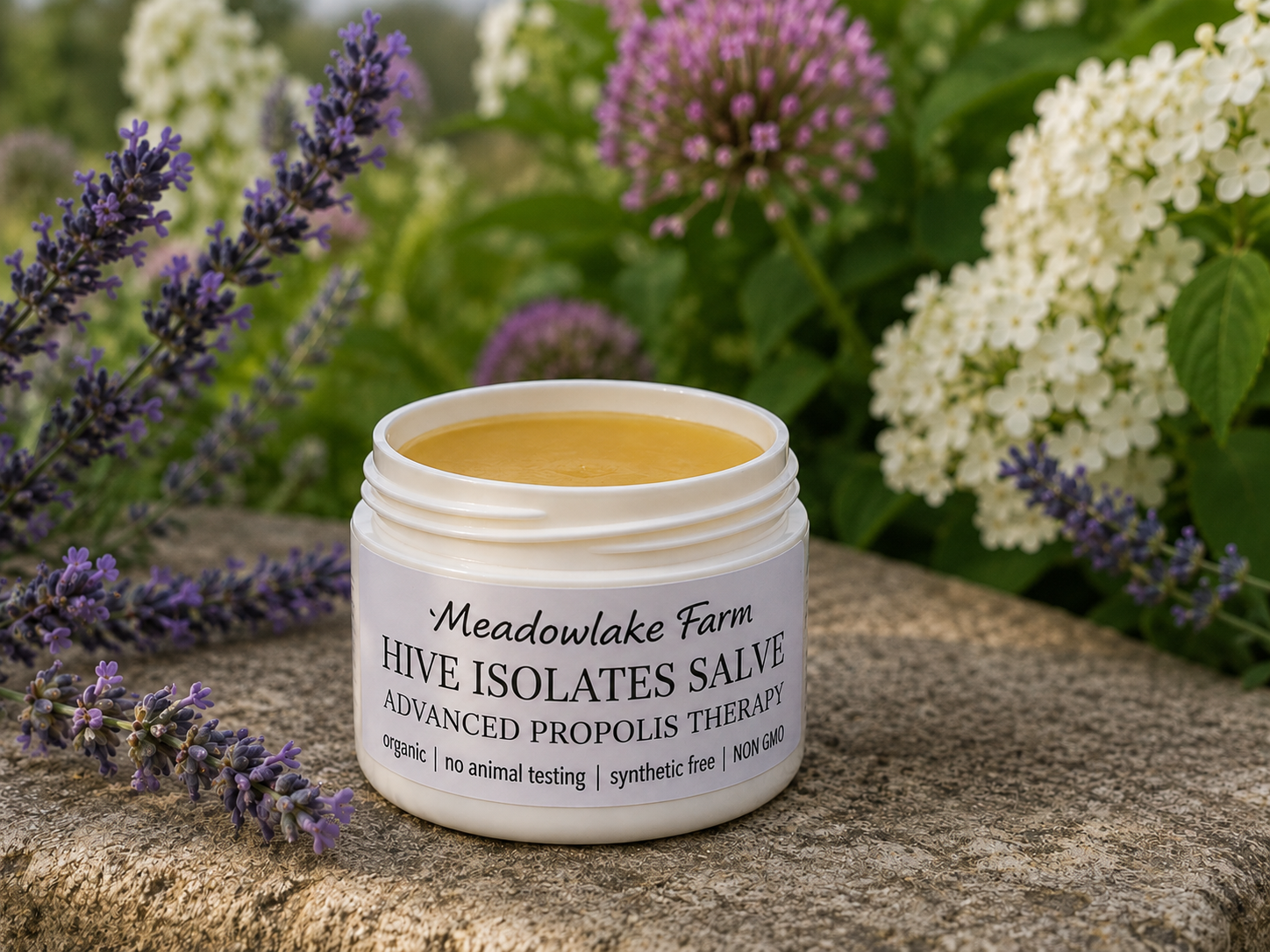 An open white jar of Meadowlake Farm Hive Isolates Salve sits on a stone surface outdoors, surrounded by purple lavender flowers and green foliage with white blossoms in the background.