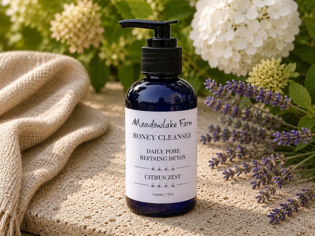 A bottle of Meadowlake Farm Honey Cleanser in Citrus Zest scent, set on a textured stone surface with a beige burlap cloth and white flowers in the background.