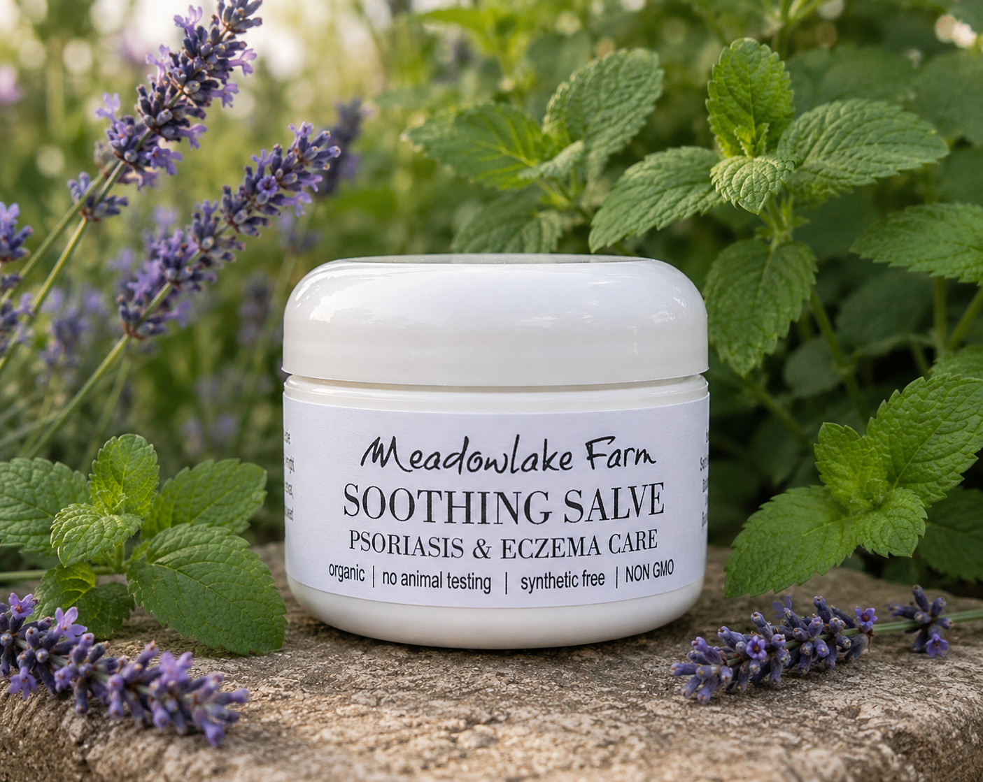 A white jar of Meadowlake Farm Soothing Salve for psoriasis and eczema care, styled on a stone surface with fresh green mint leaves and purple lavender flowers in a garden setting.