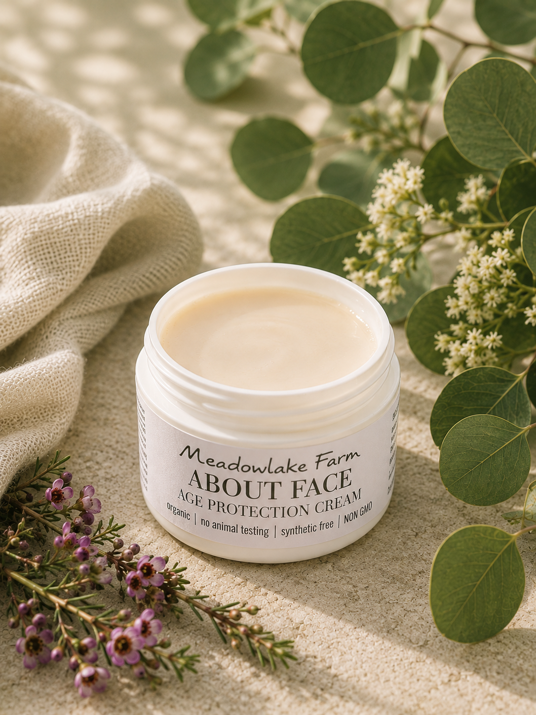 A white jar of Meadowlake Farm About Face Age-Protection Cream sits on a textured beige surface surrounded by green eucalyptus leaves, small white flowers, and a cream-colored cloth.