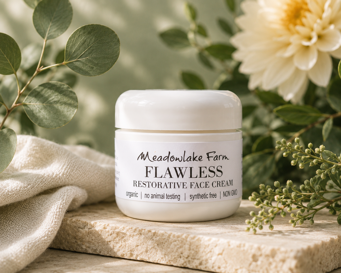 A white jar of Meadowlake Farm Flawless Restorative Face Cream sits on a textured stone slab with a beige cloth and green foliage, with a large cream dahlia flower in the soft-focus background.