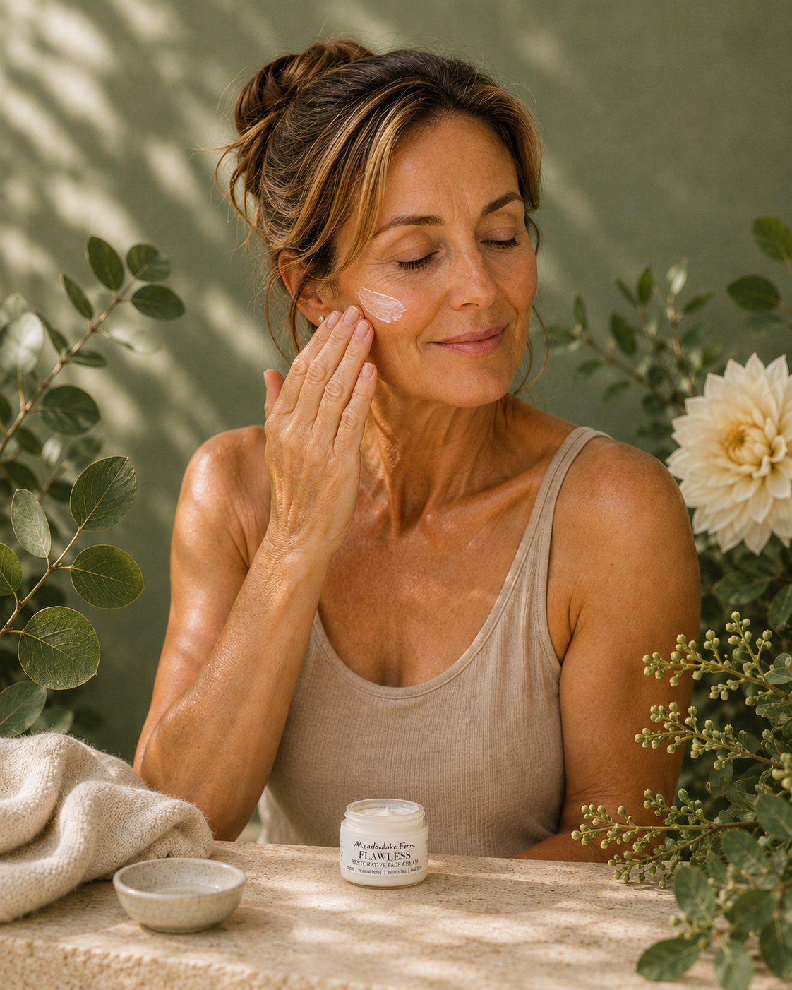 A woman with her eyes closed applies cream to her cheek in a serene outdoor setting with green foliage and a beige flower. A jar of Meadowlae Farm Flawless Cream is visible on the table in the foreground.