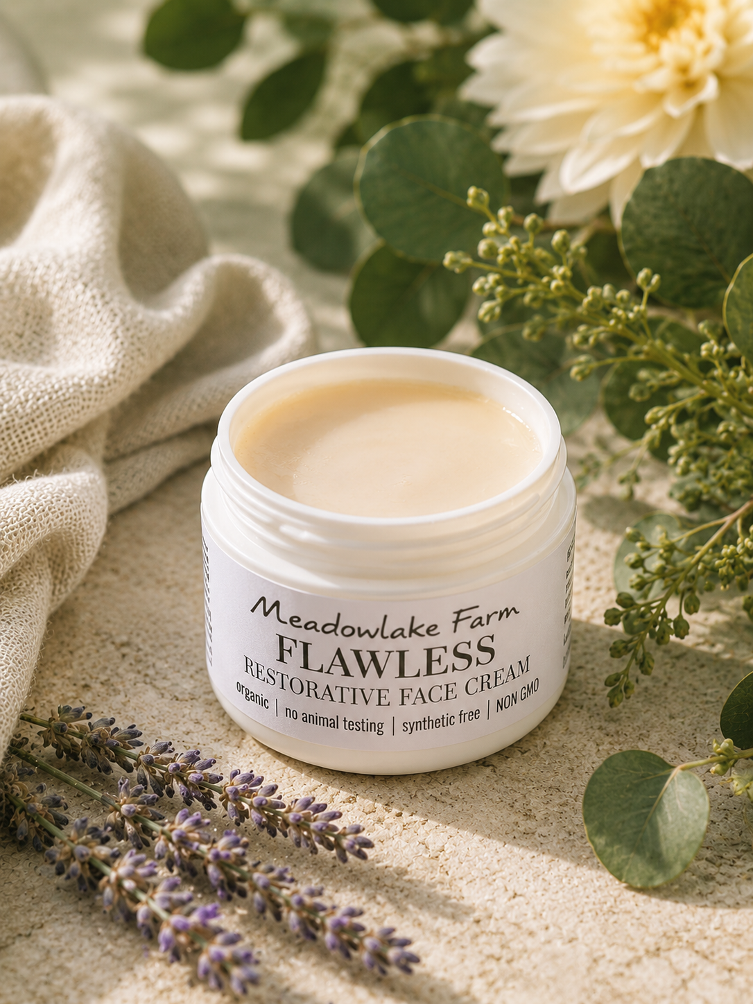 An open white jar of Meadowlake Farm Flawless Restorative Face Cream sits on a beige fabric surface surrounded by natural props including lavender, eucalyptus leaves, a beige cloth, and flowers.