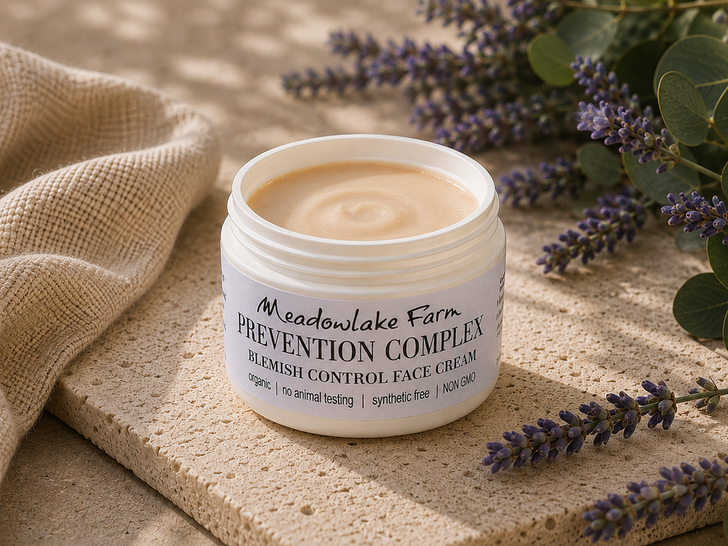 A jar of Meadowlake Farm Prevention Complex blemish control face cream sits on a textured stone slab with a burlap cloth and lavender sprigs around it.
