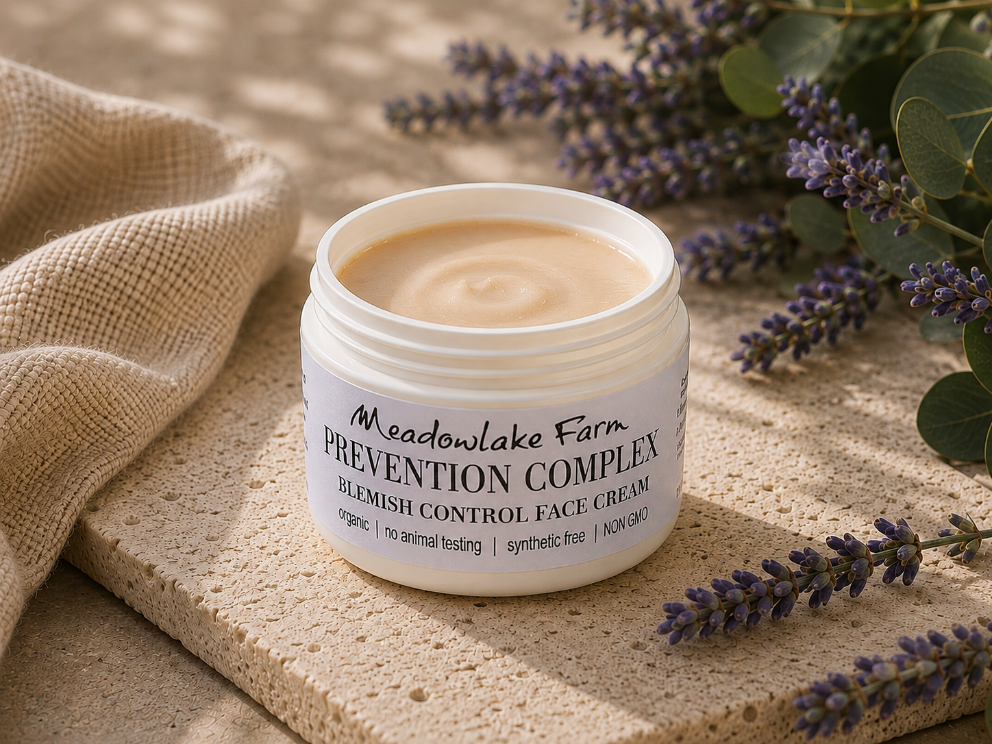 A jar of Meadowlake Farm Prevention Complex blemish control face cream sits on a textured stone slab with a burlap cloth and lavender sprigs around it.