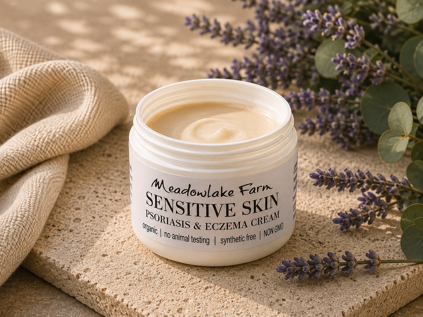 An open white jar of Meadowlake Farm Sensitive Skin Psoriasis & Eczema Cream sits on a textured stone surface, surrounded by a beige cloth, lavender sprigs, and green leaves.