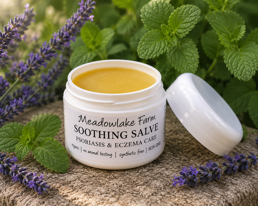 An open white jar of Meadowlake Farm Soothing Salve sits on a stone surface with its lid beside it, surrounded by green leaves and purple lavender flowers. The salve inside is a pale yellow color.