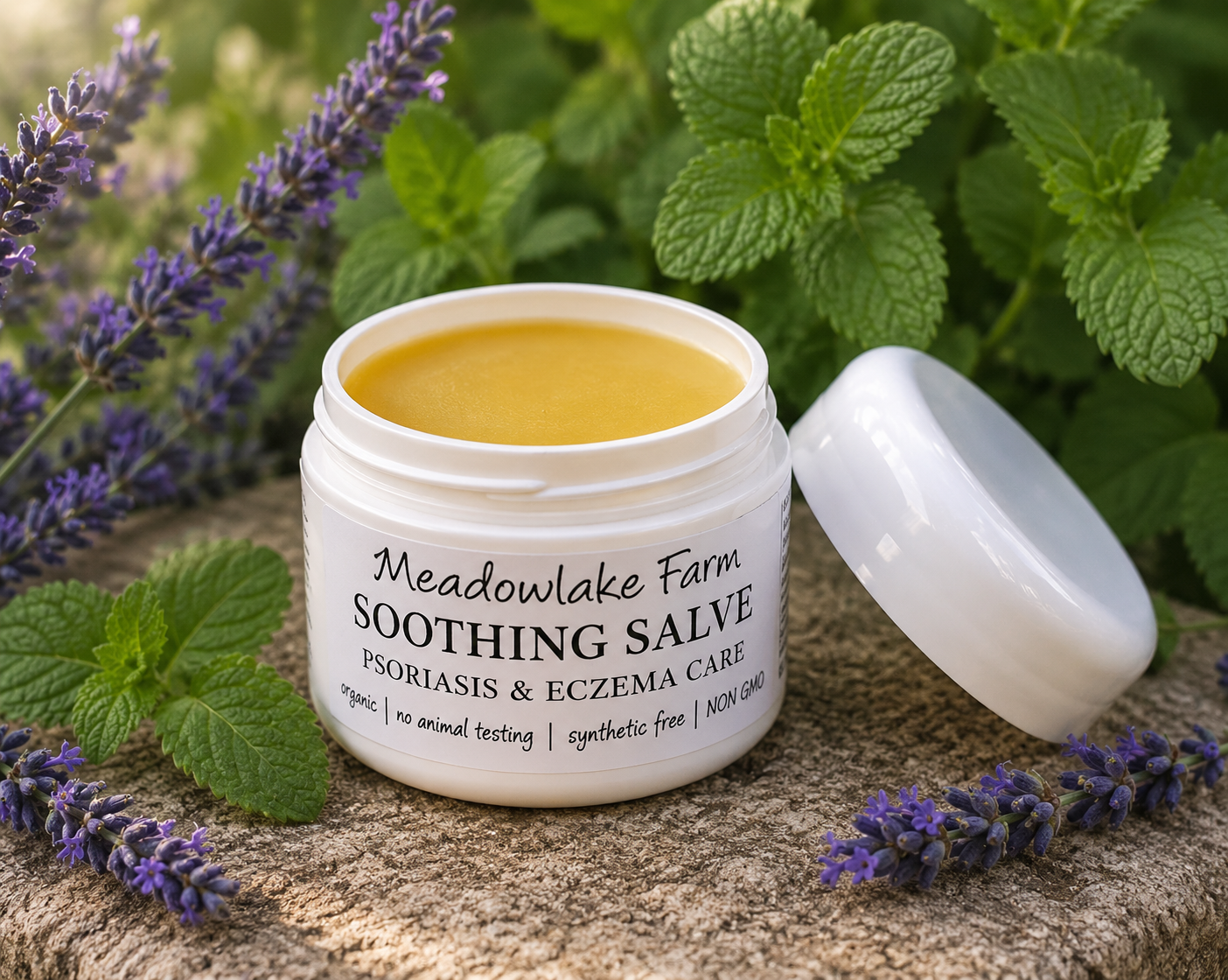 An open white jar of Meadowlake Farm Soothing Salve sits on a stone surface with its lid beside it, surrounded by green leaves and purple lavender flowers. The salve inside is a pale yellow color.