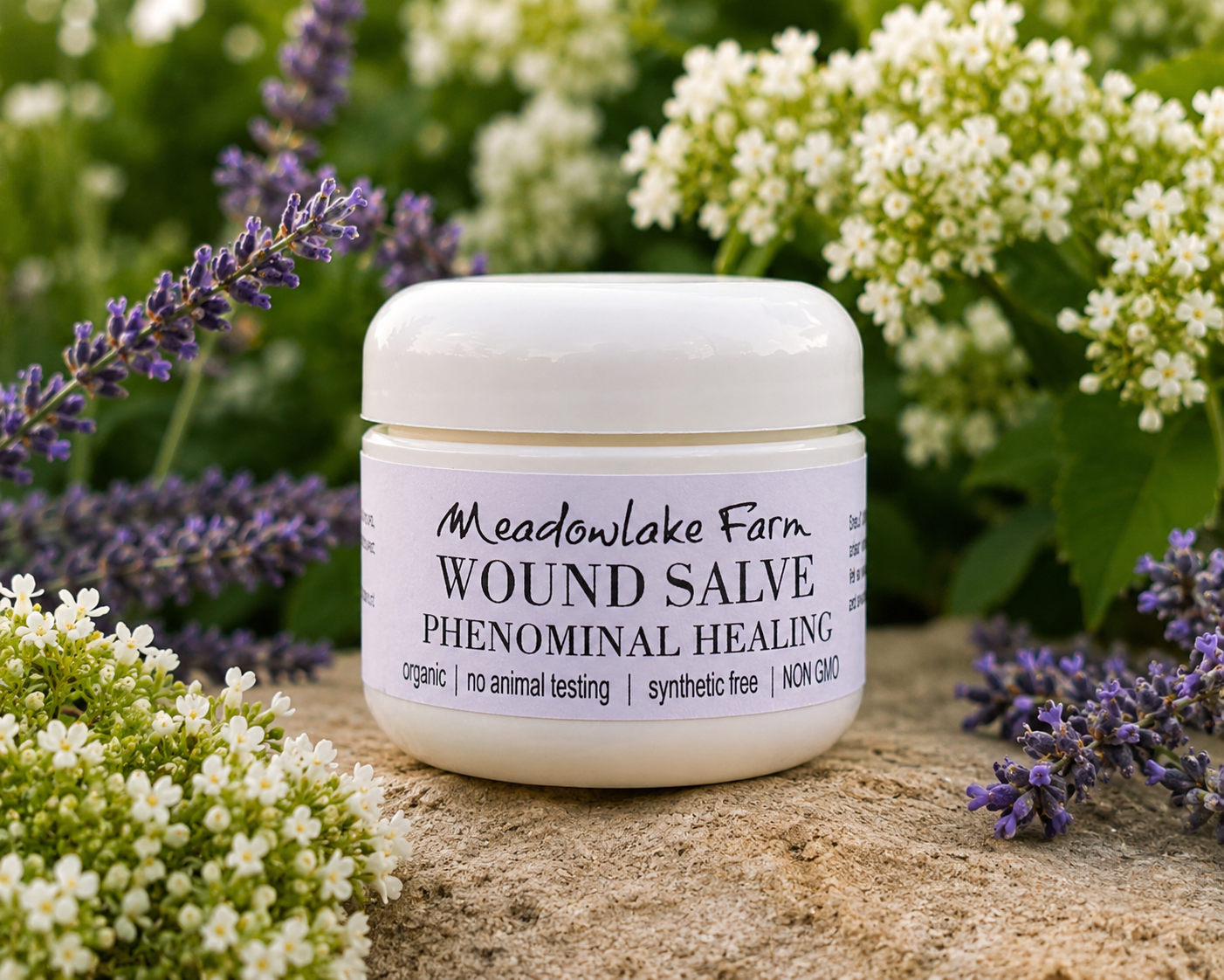 A jar of Meadowlake Farm Wound Salve set on a stone surface with purple flowers and white blossoms in the background.