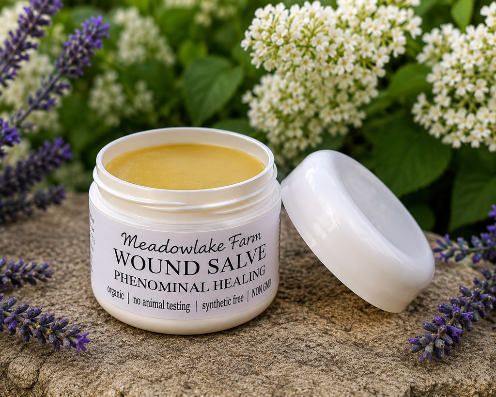 An open jar of Meadowlake Farm Wound Salve with its white lid leaning beside it, set on a stone surface with purple flowers and white blossoms in the background.