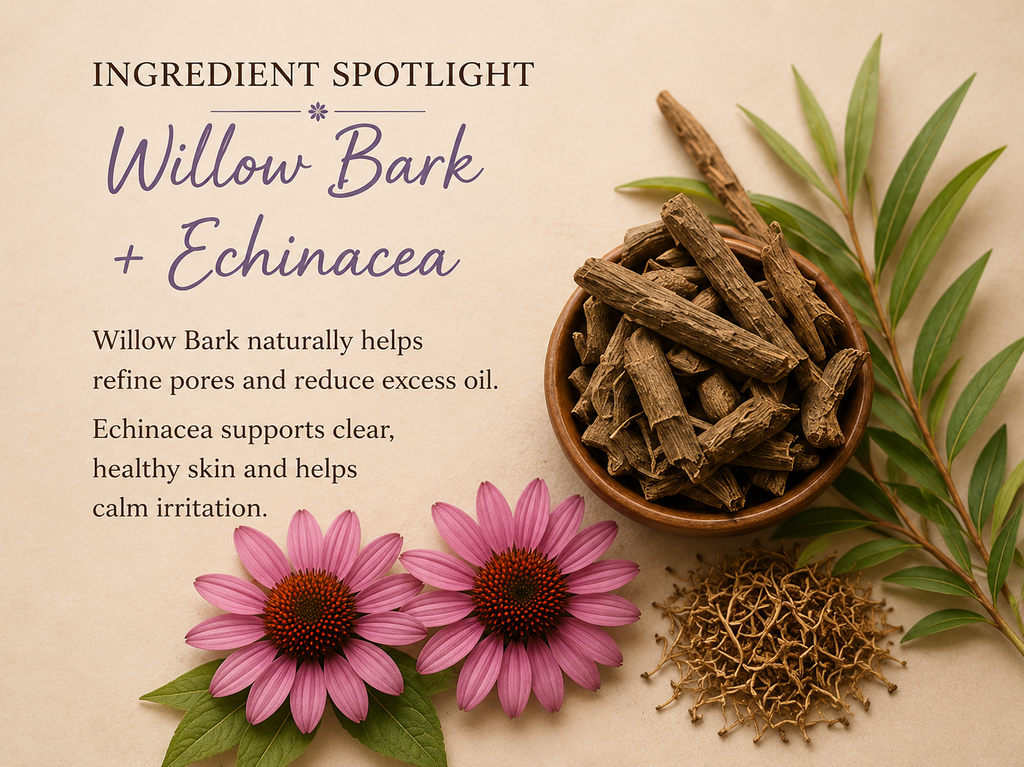 Ingredient spotlight graphic for Meadowlake Farm Prevention Complex Willow Bark and Echinacea, featuring a bowl of brown bark pieces, green leaves, pink echinacea flowers, and loose roots on a beige background with descriptive text. 
