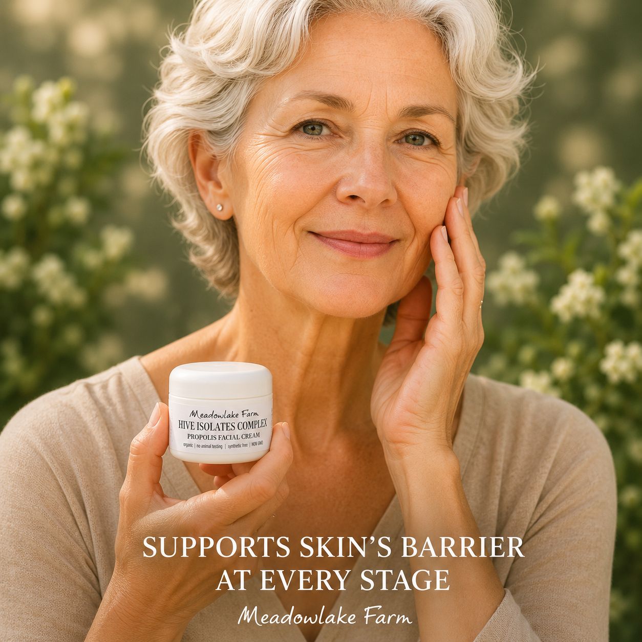 A smiling older woman with short gray hair holds a white jar of Meadowlake Farm Hive Isolates Complex Hydration Cream against a soft-focus outdoor background of greenery and white flowers. Text overlays read 'SUPPORTS SKIN'S BARRIER AT EVERY STAGE' and 'Meadowlake Farm'.