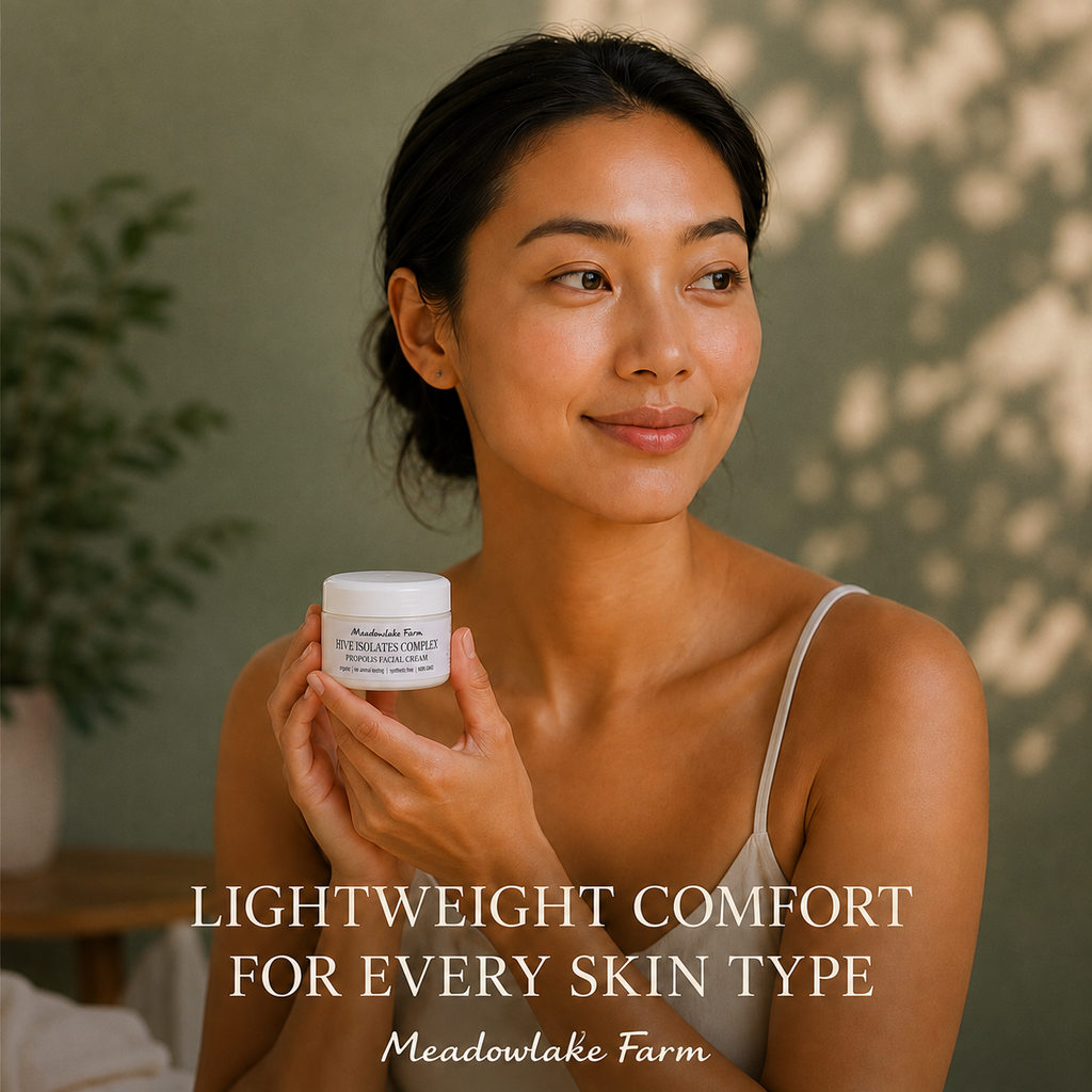 A woman holds a white jar of Meadowlake Farm Hive Isolates COmplex in a softly lit indoor setting with a green wall and leaf shadows. Text overlay reads 'LIGHTWEIGHT COMFORT FOR EVERY SKIN TYPE' and 'Meadowlake Farm'.