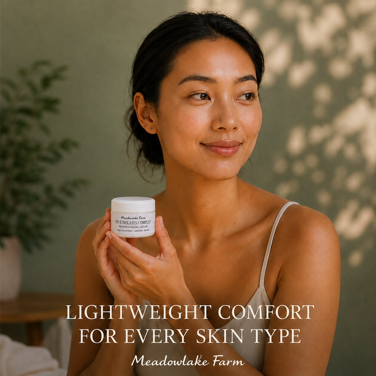 A woman holds a white jar of Meadowlake Farm Hive Isolates COmplex in a softly lit indoor setting with a green wall and leaf shadows. Text overlay reads 'LIGHTWEIGHT COMFORT FOR EVERY SKIN TYPE' and 'Meadowlake Farm'.