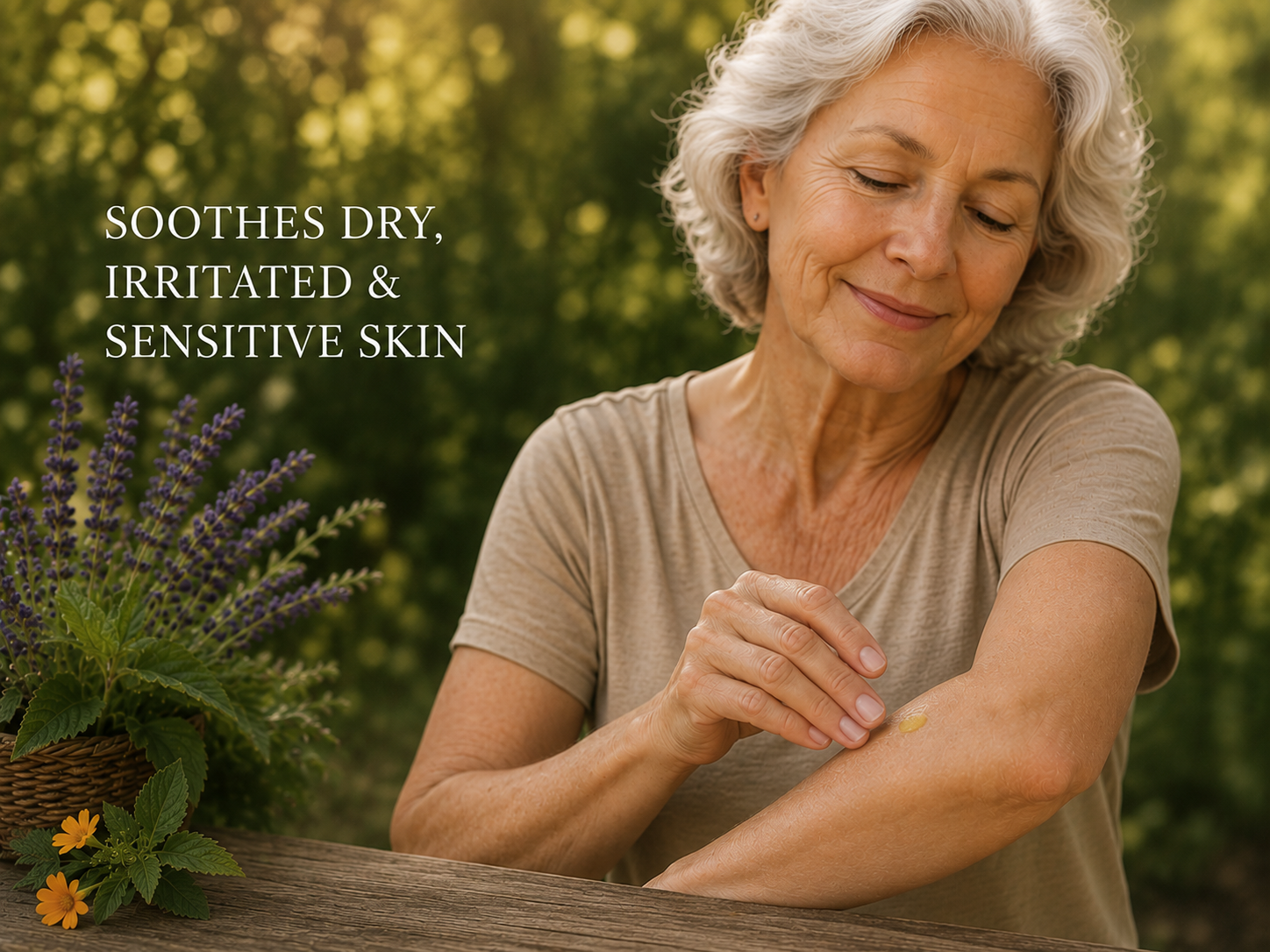 A smiling older woman outdoors applies a small yellow cream of Meadowlake Farm's Soothing Salve to her forearm. Text on the left reads, 'SOOTHES DRY, IRRITATED & SENSITIVE SKIN,' with a blurred green garden background and a potted plant at the lower left.