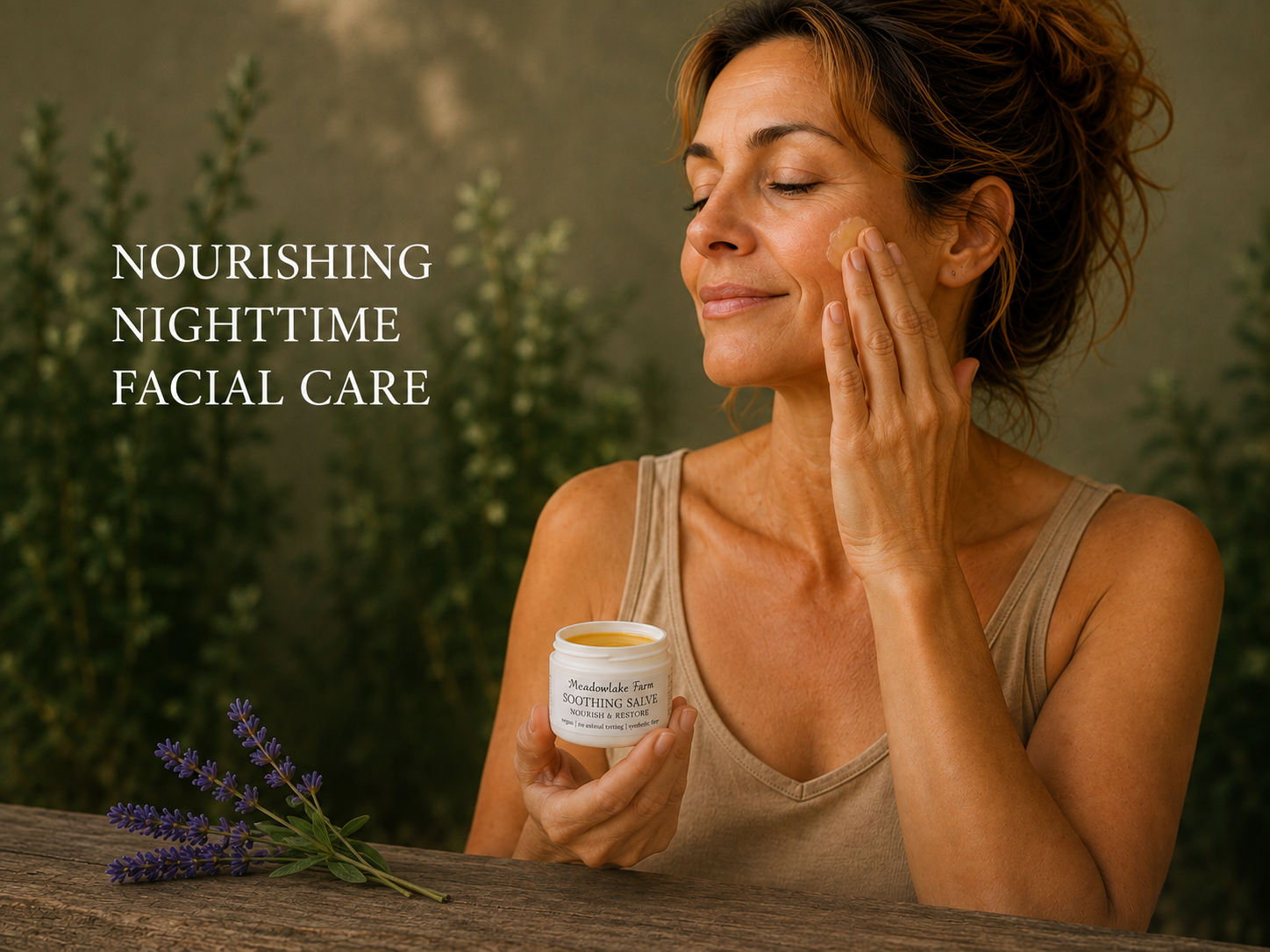 A woman applies cream to her face while holding a small jar od Meadowlake Farm Soothing Salve  in a warm, natural setting with lavender sprigs on a wooden table.