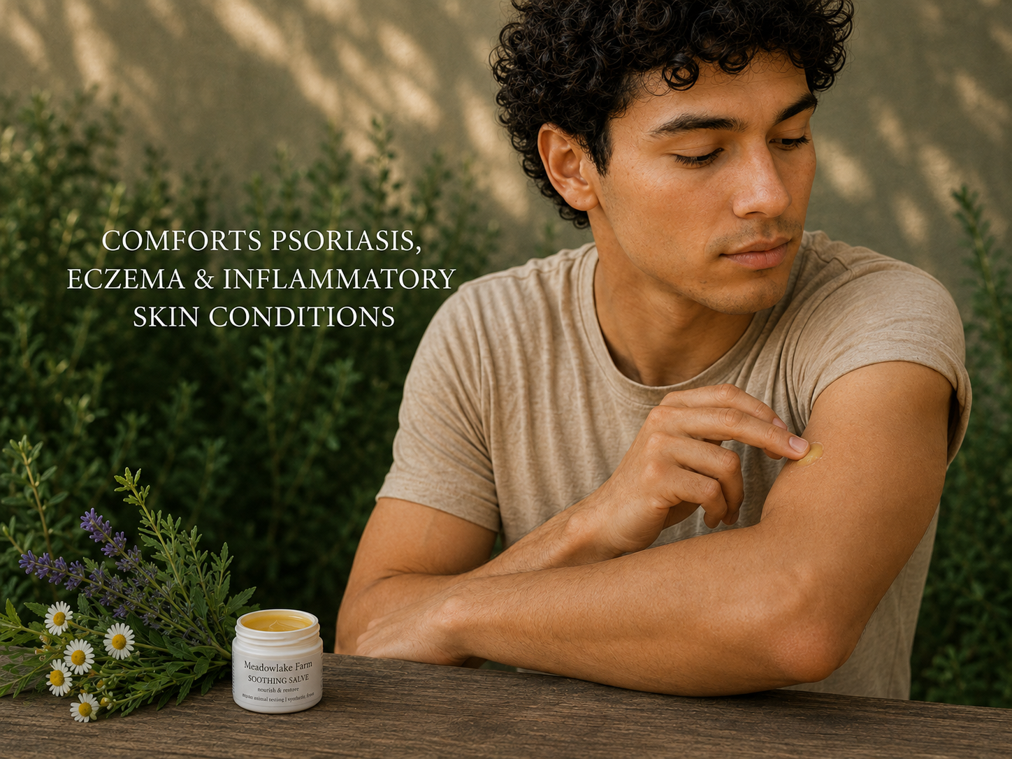 A man outdoors applies cream from a small white jar labeled Meadowlake Farm Soothing Salve to his upper arm. Text on the image reads: 'COMFORTS PSORIASIS, ECZEMA & INFLAMMATORY SKIN CONDITIONS.