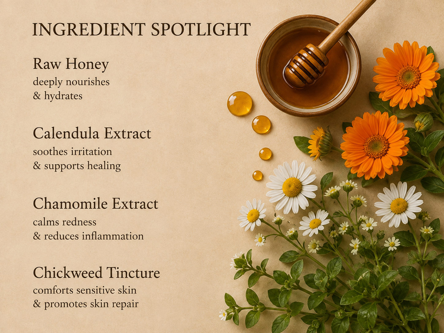 A styled ingredient spotlight graphic on a warm beige background with text listing Raw Honey, Calendula Extract, Chamomile Extract, and Chickweed Tincture. Visual elements include a small bowl of honey with a wooden dipper, honey droplets, orange flowers, white daisies, and green herb leaves arranged along the right side.