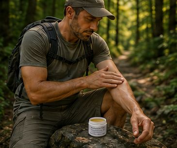 A man in a forest setting applies a cream from a small white jar onto his forearm. The jar has a white label with black text that reads 'Meadowlake Farm Poison Ivy Salve