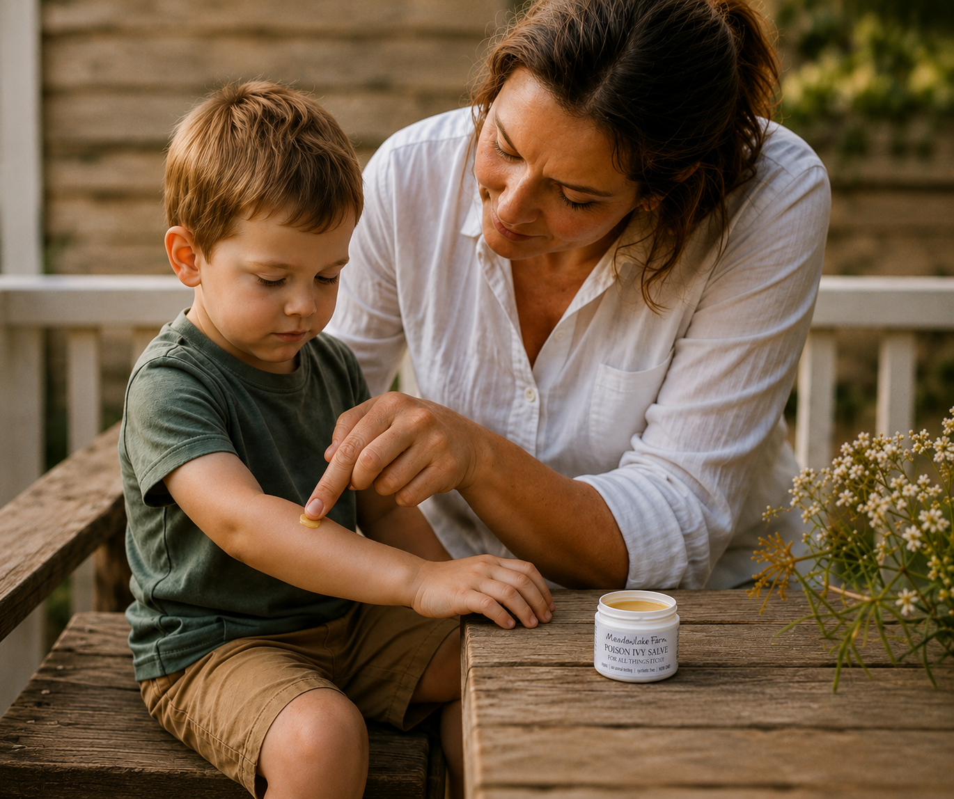 A woman and a young boy sit on a wooden deck while the woman applies a small yellow cream from a jar onto the boy's arm. The jar has a white label with green text that reads Poison Ivy Saly