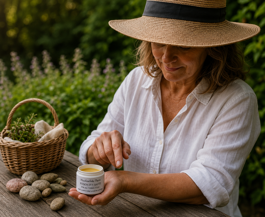 A woman in a white shirt and straw hat applies a yellow balm from a small white jar to her hand outdoors at a wooden table, with a wicker basket of herbs and stones nearby using Meadowlake Farm Poison Ivy Salve
