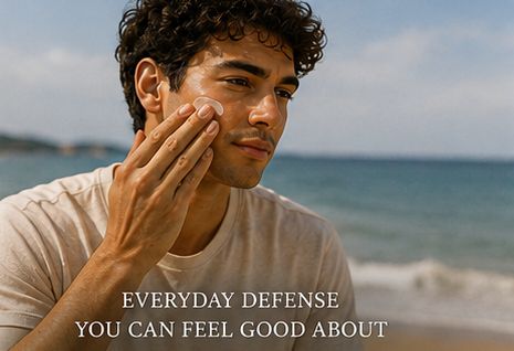 A man with curly dark hair applies sunscreen to his face, standing on a beach with the ocean and sky blurred in the background. White text at the bottom reads, Meadowlake Farm Day Pro Lotion