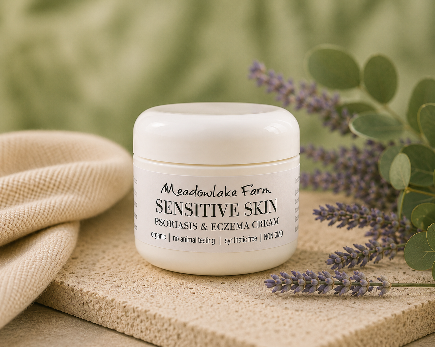A white jar of Meadowlake Farm Sensitive Skin Psoriasis & Eczema Cream sits on a textured beige stone slab next to a folded cream-colored cloth, with lavender sprigs and green leaves against a soft, blurred olive-green background.